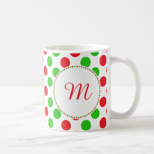 Monogram Red and Green Polka Dot Pattern Christmas Coffee Mug