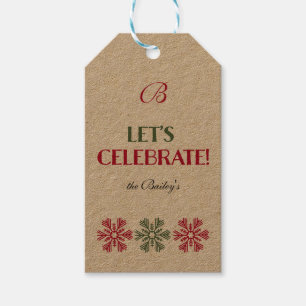 Monogram Red and Green Snowflakes Gift Tags