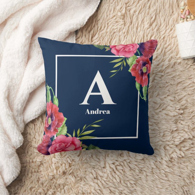 Monogram Red and Pink Flowers Dark Navy Blue Cushion (Blanket)