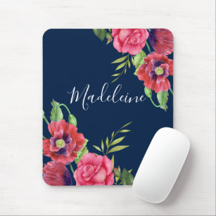 Monogram Red and Pink Flowers Dark Navy Blue Mouse Mat