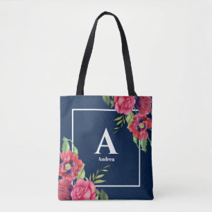 Monogram Red and Pink Flowers Dark Navy Blue Tote Bag