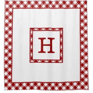 Monogram Red and White Buffalo Check Border Shower Curtain