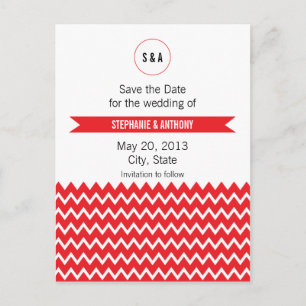 Monogram Red and White Chevron Pattern Wedding Announcement Postcard