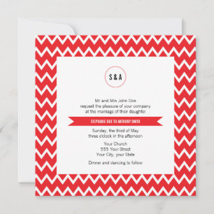 Monogram Red and White Chevron Pattern Wedding Invitation