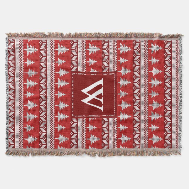 Monogram - Red and White Nordic Alpine Fir Trees Throw Blanket (Front)