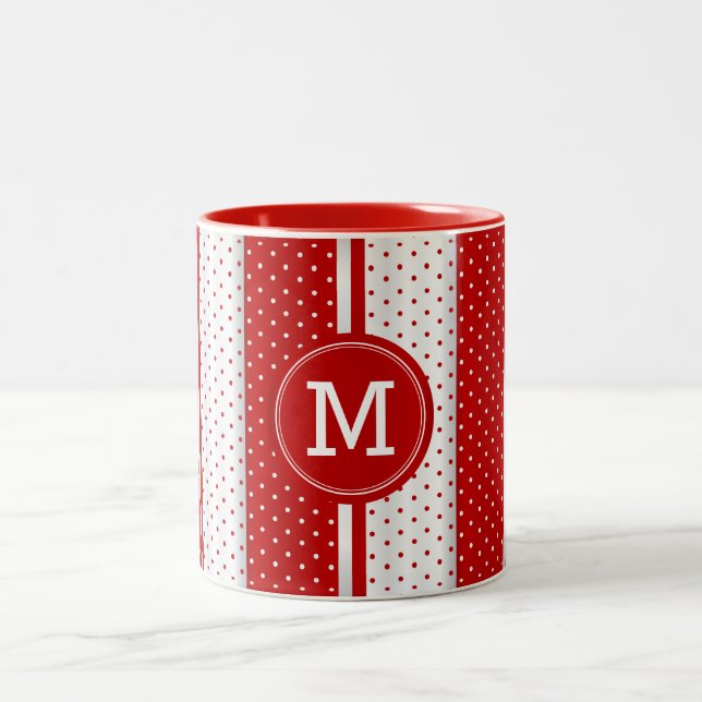 Monogram Red and White Polka Dots Two-Tone Coffee Mug (Center)