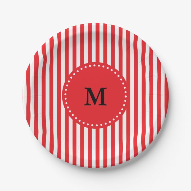 Monogram Red and White Stripes Pattern Paper Plate (Front)