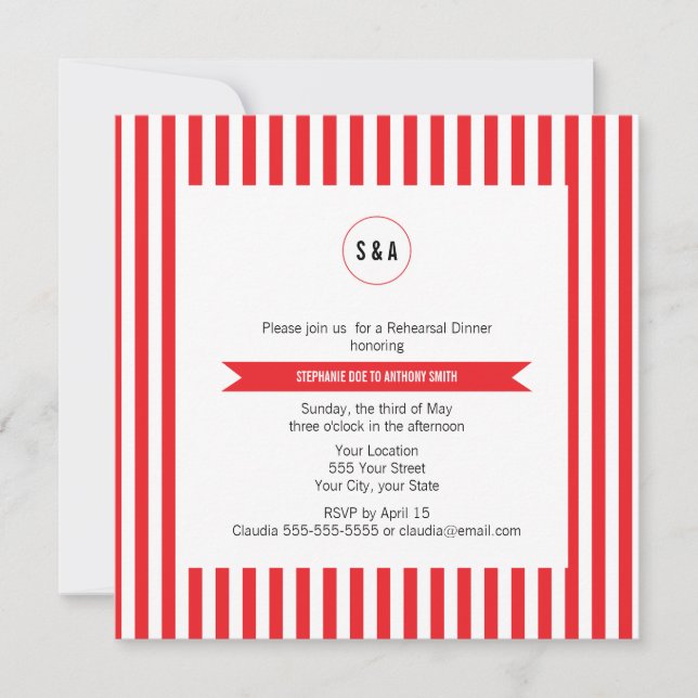 Monogram Red and White Stripes Pattern Rehearsal Invitation (Front)