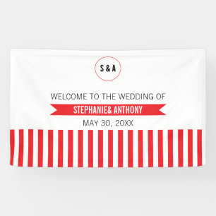 Monogram Red and White Stripes Pattern Wedding Banner
