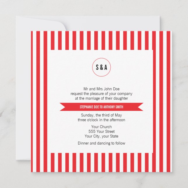 Monogram Red and White Stripes Pattern Wedding Invitation (Front)