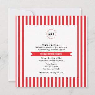 Monogram Red and White Stripes Pattern Wedding Invitation
