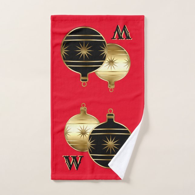 Monogram Red Black and Gold Christmas Hand Towel (Hand Towel)