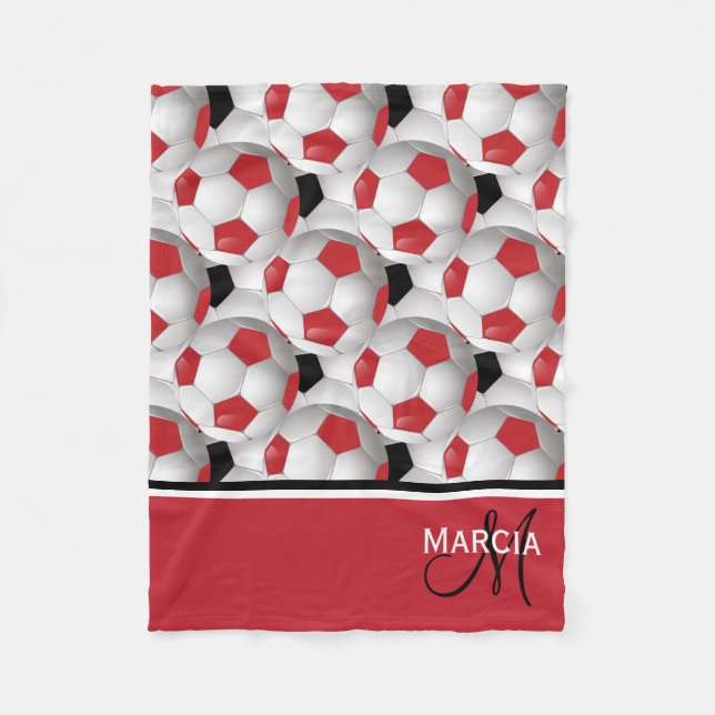Monogram Red Black and White Soccer Ball Pattern Fleece Blanket (Front)