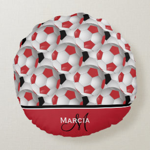 Monogram Red Black and White Soccer Ball Pattern Round Cushion