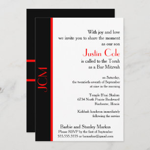 Monogram Red Black Bar Mitzvah on White Invitation