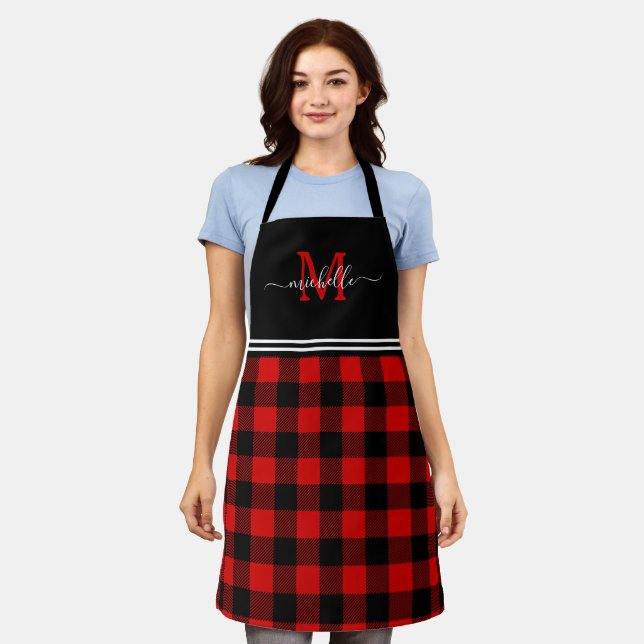 Monogram Red Black Buffalo Plaid Apron (Worn)