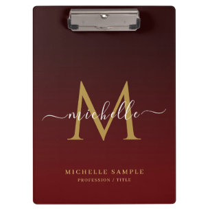 Monogram Red Black Gold Calligraphy Personalized Clipboard