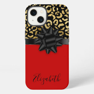 Monogram Red Black Gold Leopard Print Bow Trendy iPhone 13 Case