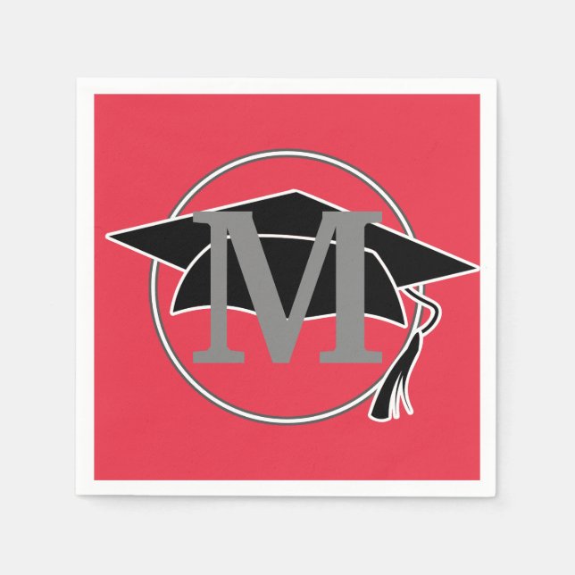 Monogram Red Black Graduation Cap Party Napkin (Front)