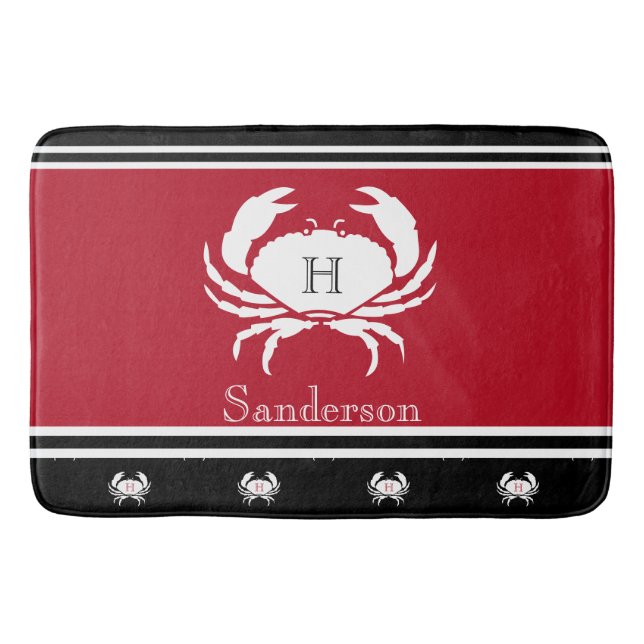 Monogram Red Black White Crab Nautical Kitchen Rug (Front)