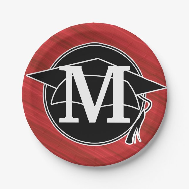 Monogram Red Black White Graduation Cap Paper Plate (Front)