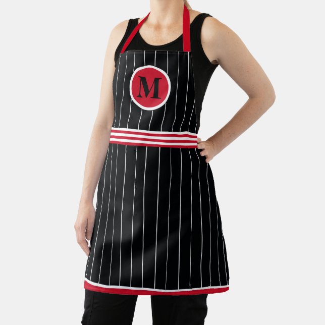 Monogram Red Black White Pinstripe Apron (Insitu)