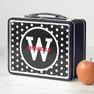 Monogram Red Black White Polka Dots  Metal Lunch Box