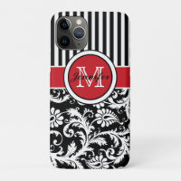 Monogram Red Black White Striped Damask
