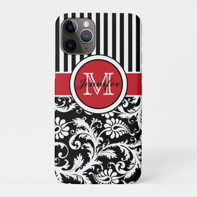 Monogram Red Black White Striped Damask Case-Mate iPhone Case (Back)