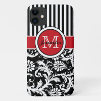 Monogram Red Black White Striped Damask
