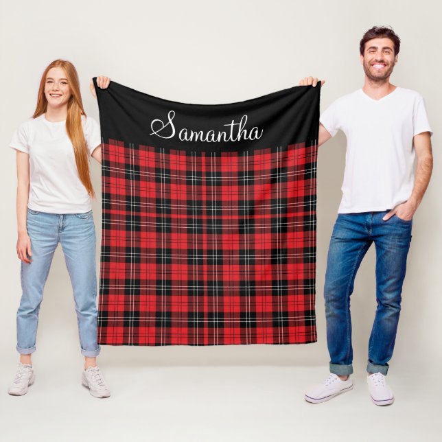 Monogram Red Black White Tartan Buffalo Plaid Fleece Blanket (In Situ)