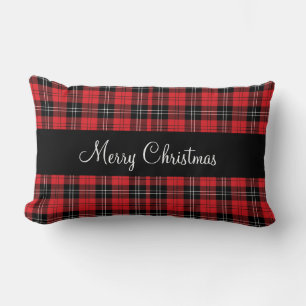 Monogram Red Black White Tartan Buffalo Plaid Lumbar Cushion