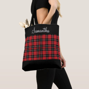 Monogram Red Black White Tartan Buffalo Plaid  Tote Bag