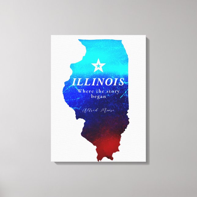 Monogram Red Blue Glitter Map of State of Illinois Canvas Print (Front)