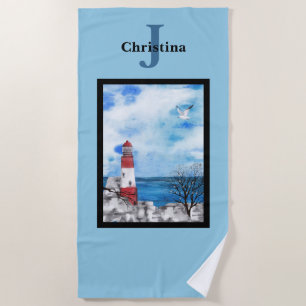 Monogram Red & Blue Lighthouse Watercolor Art Beach Towel