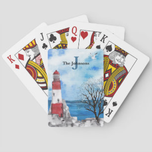 Monogram Red & Blue Lighthouse Watercolor Scene Pl Playing Cards