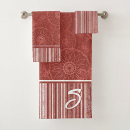 Monogram Red Boho Pattern and White Stripes Bath Towel Set