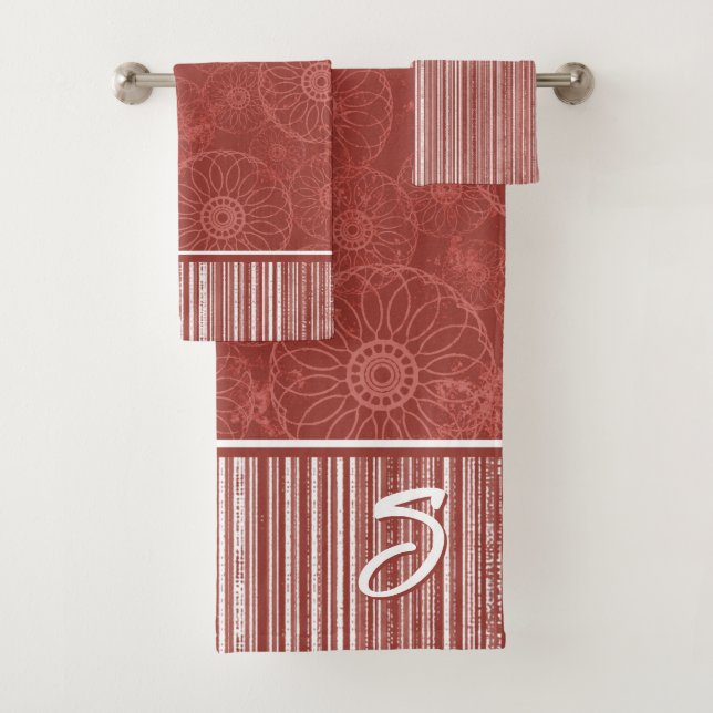 Monogram Red Boho Pattern and White Stripes Bath Towel Set (Insitu)