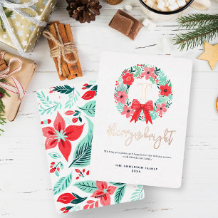 Monogram Red Bow Wreath White Christmas Foil Holiday Card
