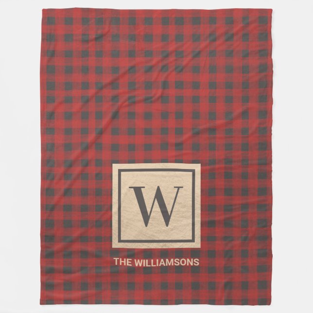 Monogram Red Buffalo Plaid Fleece Blanket (Front)