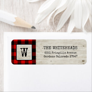 Monogram Red Buffalo Plaid Rustic Wood Holiday