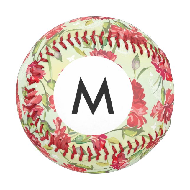 Monogram Red Carnations on green with butterflies Baseball (Front Left)