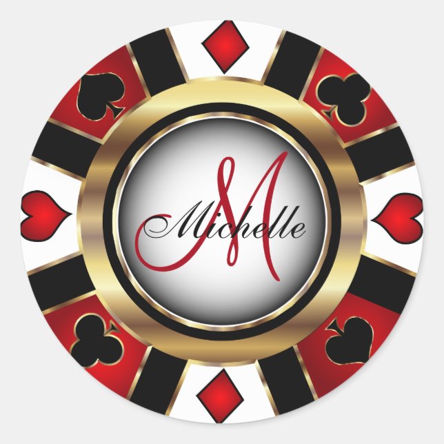 Monogram Red Casino Poker Chip Design Classic Round Sticker (Front)