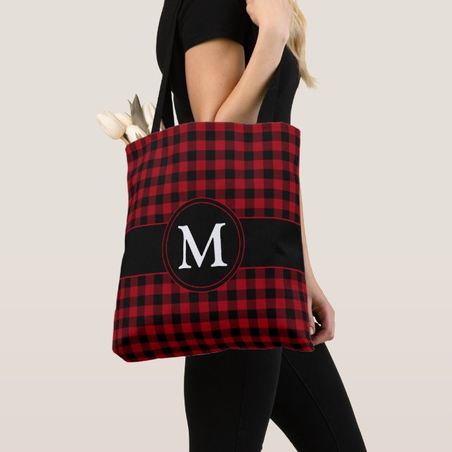 Monogram Red Checked Tartan Plaid Pattern Tote Bag (Close Up)