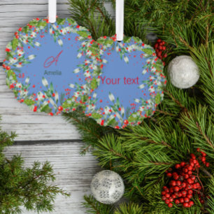 Monogram  Red Christmas blue Classic Round Tree Decoration Card