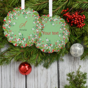 Monogram  Red Christmas botanical Classic Round Tree Decoration Card