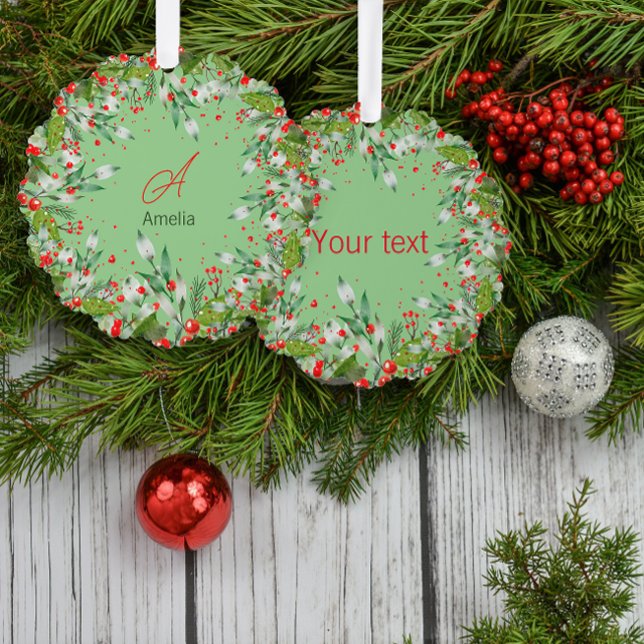 Monogram  Red Christmas botanical Classic Round Tree Decoration Card (Creator Uploaded)