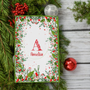 Monogram Red Christmas elegant letter green Medium Gift Bag