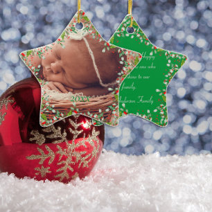 Monogram Red Christmas Green photo Classic Ceramic Tree Decoration