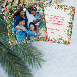 Monogram Red Christmas Green photo Classic Round Ceramic Ornament